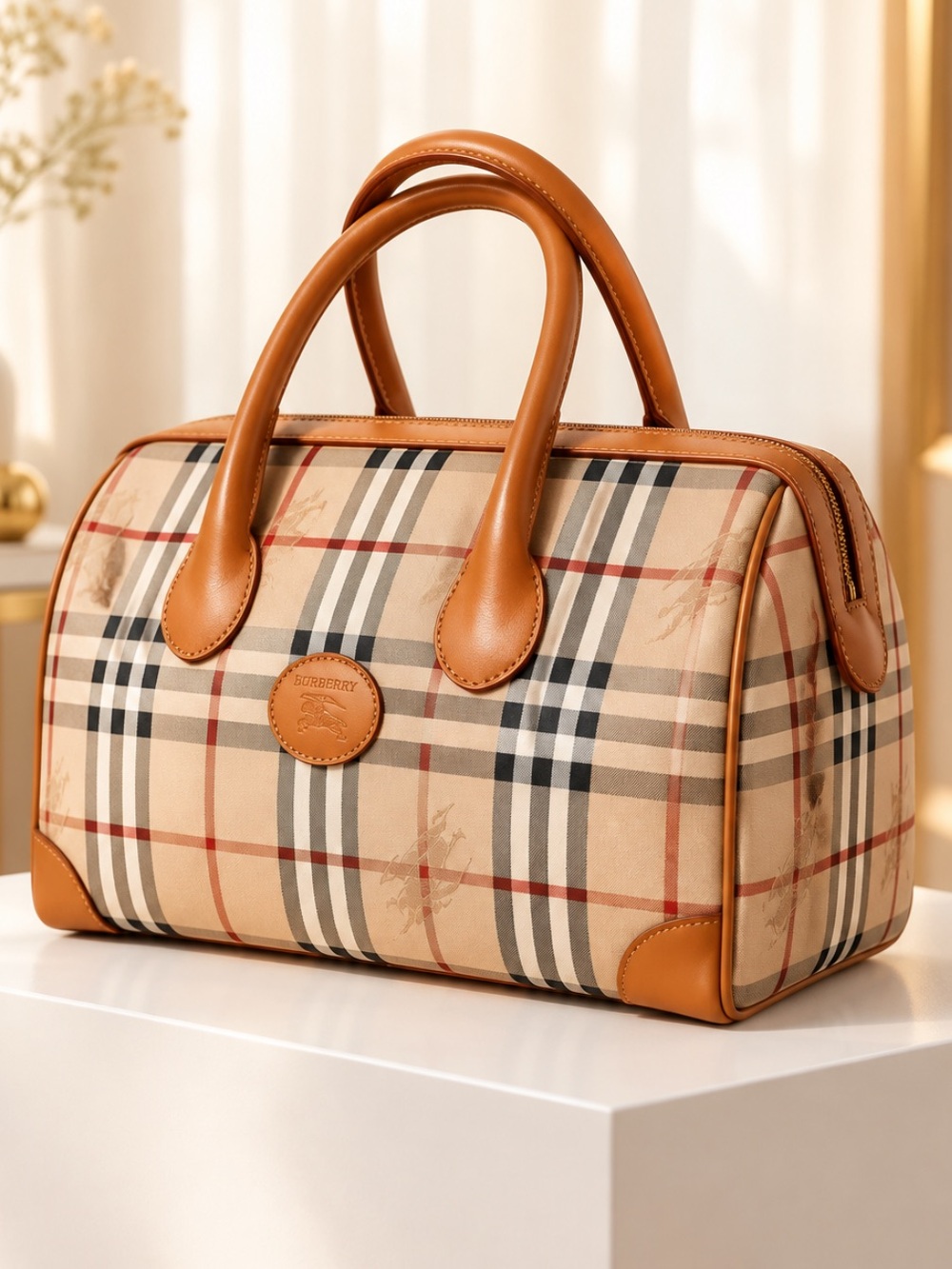 Burberry Nova Check Boston Bag in Beige and Tan.